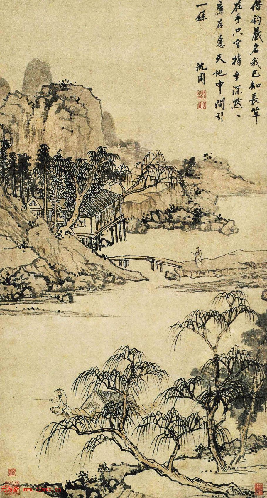 UNISEX S/M 沈石田【沈周】 沈周山水 中国掛軸 絹本 山水画 風景画