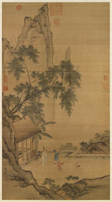 周臣闲看儿童捉柳花句意图